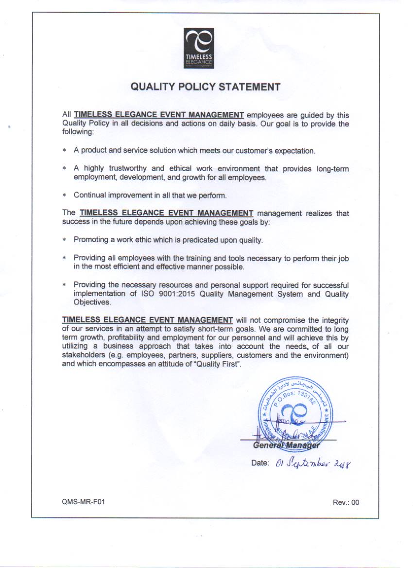 Timeless Elegance quality policy statement